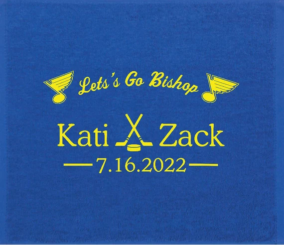 Custom blue wedding towel with St. Louis Blues theme for Kati and Zack wedding reception